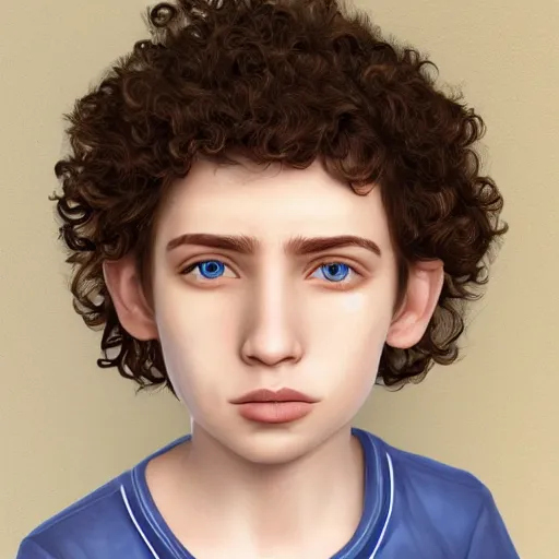 Image similar to a boy with pale skin, brown eyes and brown curly hair, extremely detailed facial structure, extremely detailed and realistic eyes, photorealistic