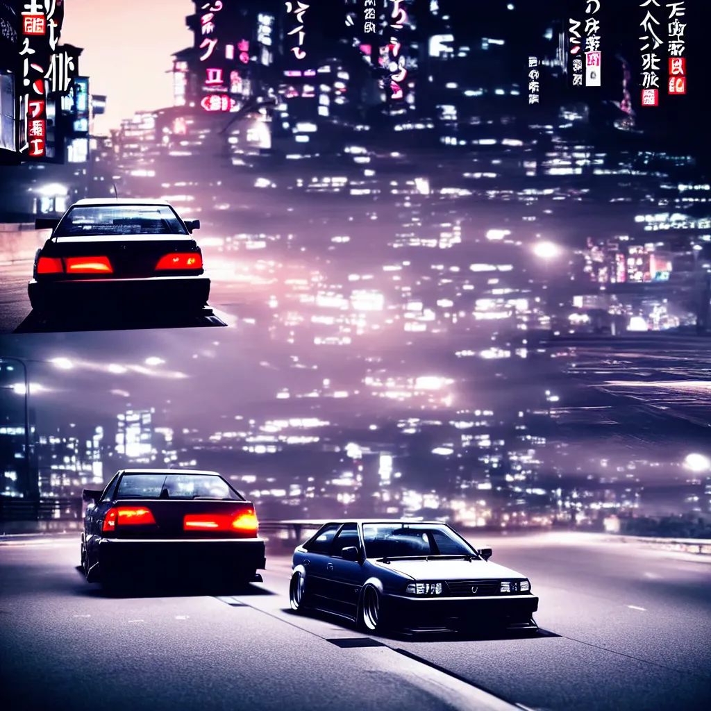 Image similar to a single car JZX100 twin turbo drift in the road, Tokyo prefecture, Japanese architecture, city sunset mist lights, cinematic lighting, photorealistic, detailed alloy wheels, highly detailed