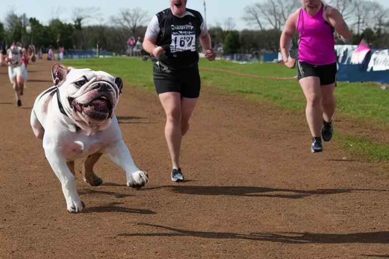 Image similar to bulldogs that are running in a race to cross a finish line