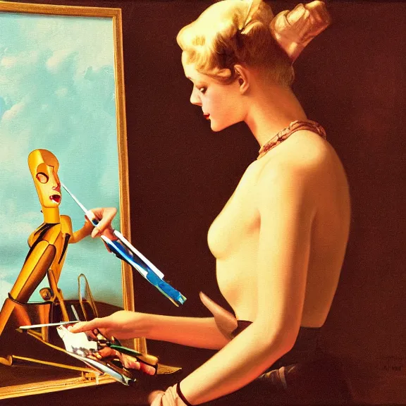 Image similar to robot artist painting a self - portrait on a canvas. intricate, highly detailed, photorealistic, film still, by gil elvgren.