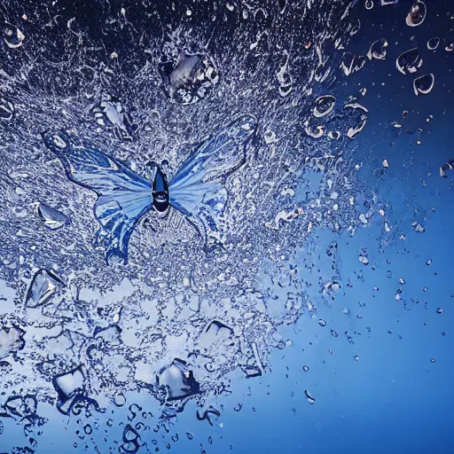 Prompt: water splashes, water shaped like butterfly wings, sigma 2 4 mm f / 8 1 / 1 0 0 0 sec shutter speed, high speed photography, magic realism, shutterstock contest winner, creative commons attribution, benoit b mandelbrot, behance hd, blue background