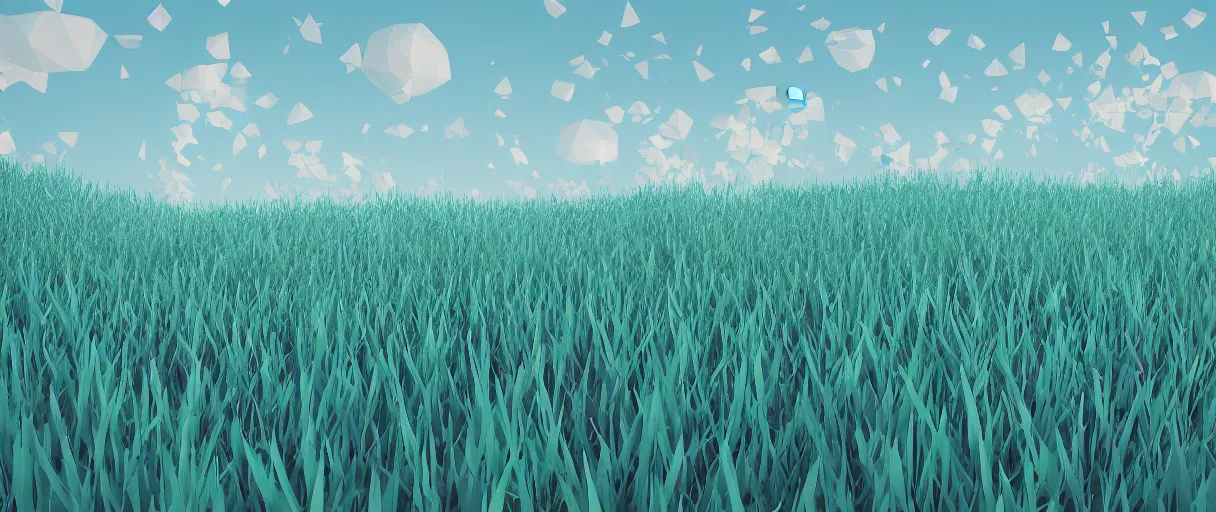 Image similar to 3 d render, low poly art, minimalist, flowers, teal sky, lowpoly, field of dreams, particles floating, unreal engine, dreamy, bokeh, bounce light, radiant lighting