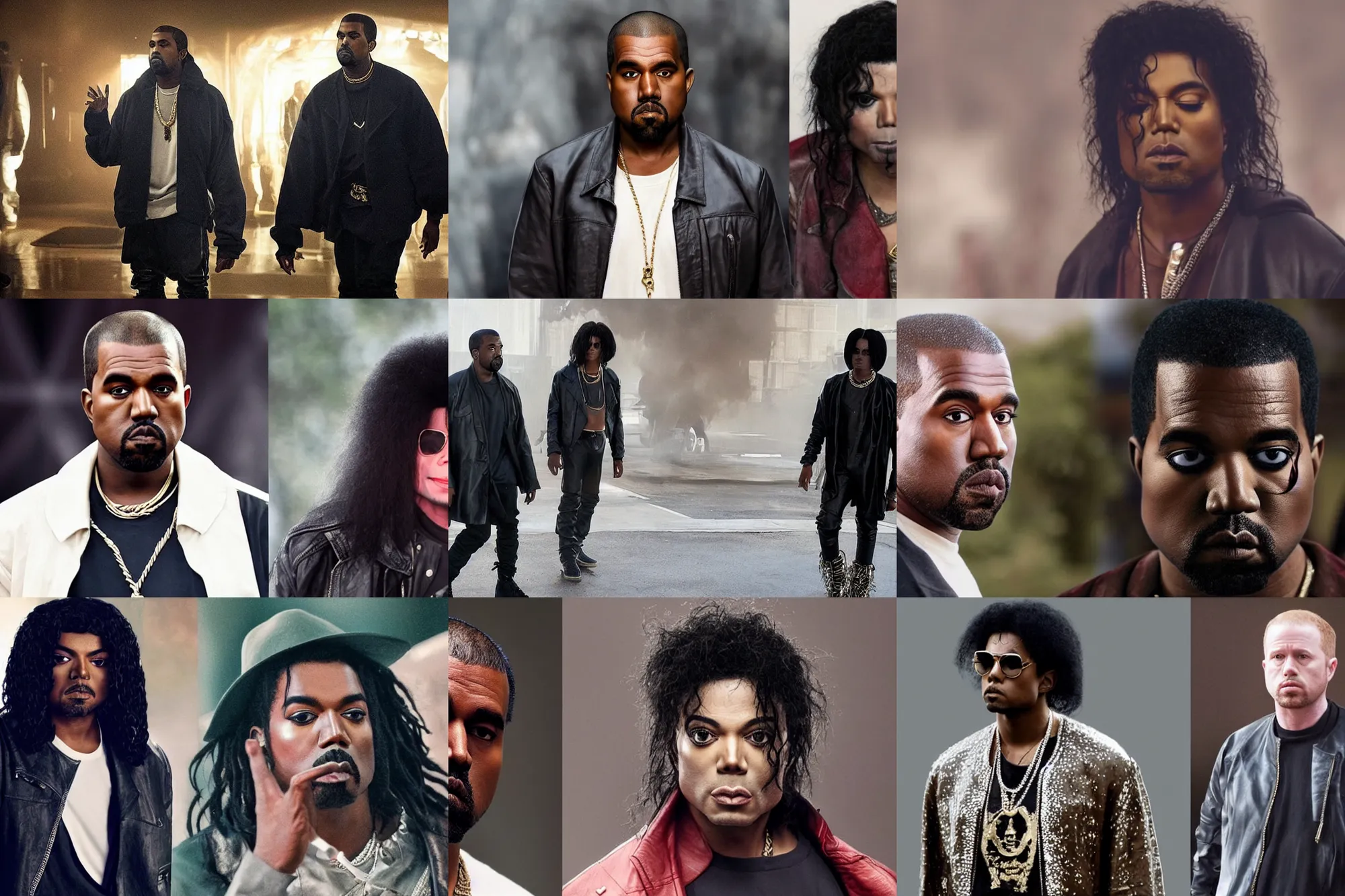 Prompt: a kanye and michael jackson hybrid in the new movie directed by joss whedon, movie still frame, promotional image, critically acclaimed, symmetrical shot, idiosyncratic, relentlessly detailed, limited colour palette