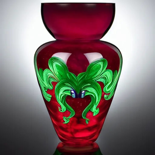 Prompt: A beautiful detailed vase designed by HR Geiger, translucent, onyx ruby and malachite, my little pony, evil