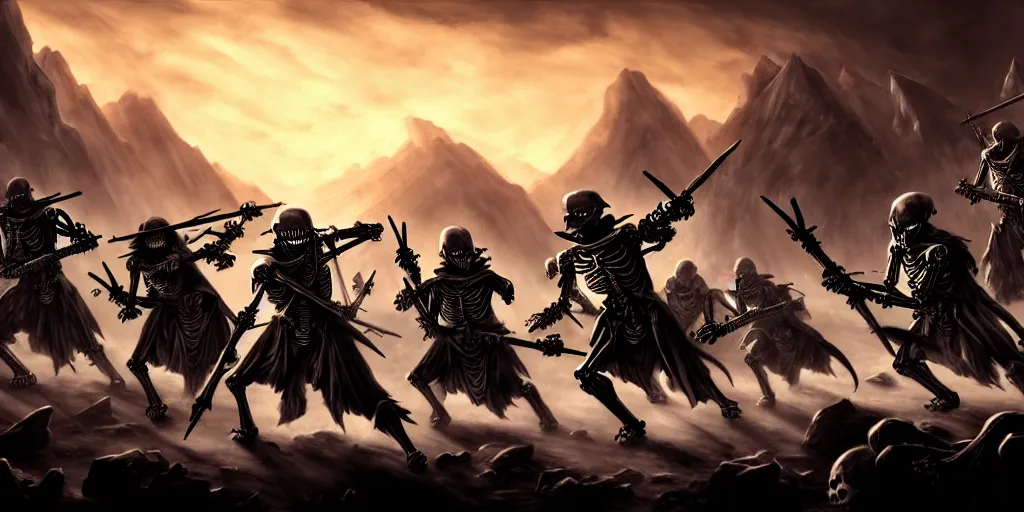 Prompt: skeleton army battalion fighting on the battlefield, epic scene, organic flowing background, black ink & copic markers, rtx, fire & smoke, inspired d & d fantasy 8 k render, character concept art by marc adamus as splash art by ian pesty