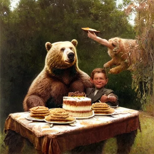 Image similar to polaroid photo of a bear eating cake at his 7 0's birthday at a zoo, highly detailed painting by gaston bussiere, craig mullins, j. c. leyendecker