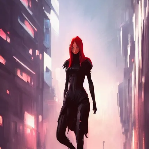 Prompt: concept art by greg rutkowski, a very tall, slender redhead girl in futuristic cassual clothes, walking in the streets of a futuristic city, dim reddish - toned lighting, detailed portraits, nostalgic atmosphere, scifi, digital painting, artstation, concept art, smooth, sharp foccus ilustration, artstation hq