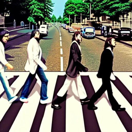 Image similar to 4 men walking on crosswalk on abbey road, city, digital art, 8 k.