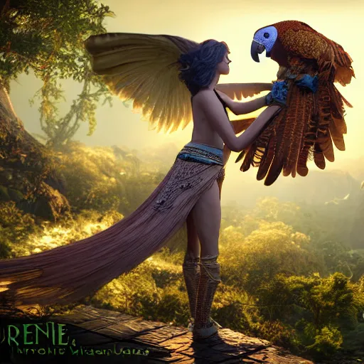 Image similar to a goddess with a big parrot. fantasy magic style. highly detailed 8 k. intricate. lifelike. soft light. sony a 7 r iv 5 5 mm. unreal engine with nanite and path tracing