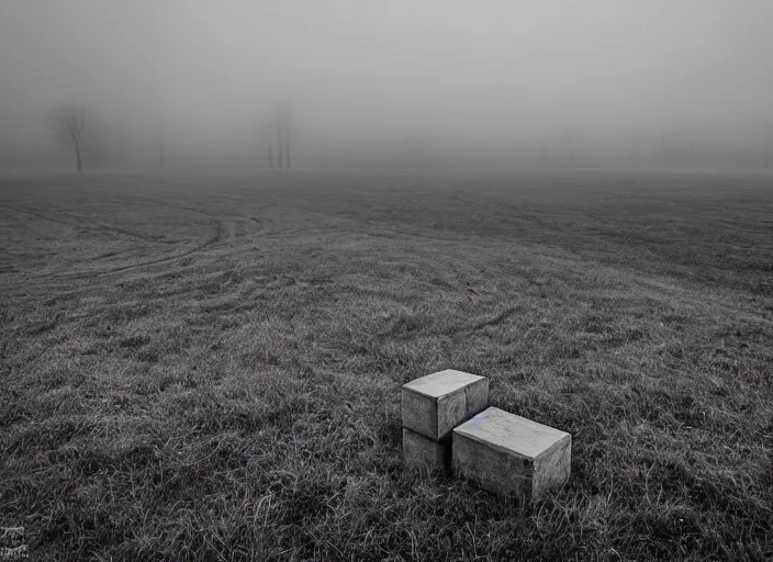 Image similar to high resolution black and white photography with a 3 5 mm f / 2 2. 0 lens of architectural building blocks bulgaria in the middle of nowhere in the 8 0's, there is fog. fine art photography and very detailed