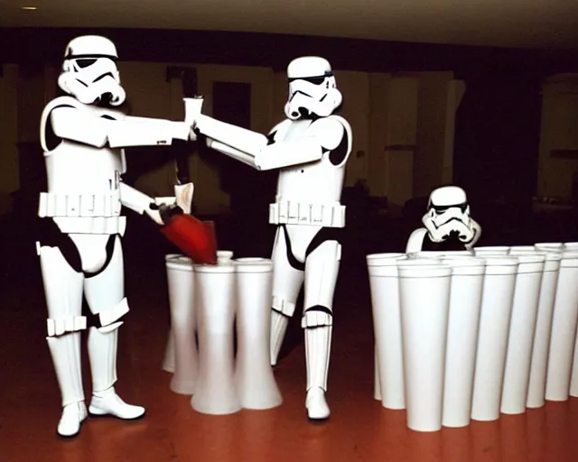 Prompt: stormtroopers playing beer pong holding red solo cups in tk-469s basement, 2003, disposable camera photo, cdx