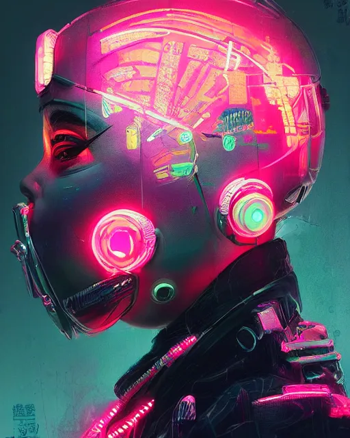 Image similar to detailed side profile portrait Neon Operator Girl, cyberpunk futuristic neon, reflective puffy coat, decorated with traditional Japanese ornaments by Ismail inceoglu dragan bibin hans thoma greg rutkowski Alexandros Pyromallis Nekro Rene Maritte Illustrated, Perfect face, fine details, realistic shaded, fine-face, pretty face