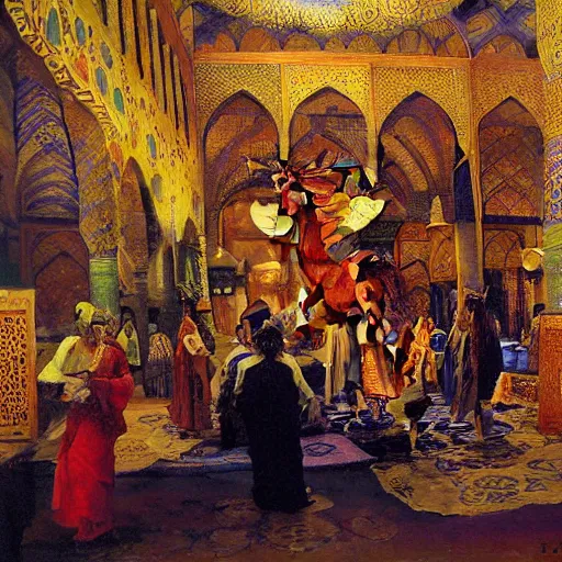 Image similar to an oil painting in the style of orientalism of dragons on display in a dragon auction in the grand bazaar of isfahan by edwin lord weeks