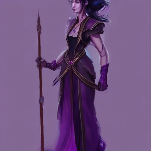 Image similar to a woman in a purple dress holding a staff, concept art by li fangying, artstation contest winner, fantasy art, dark and mysterious, artstation hd, concept art