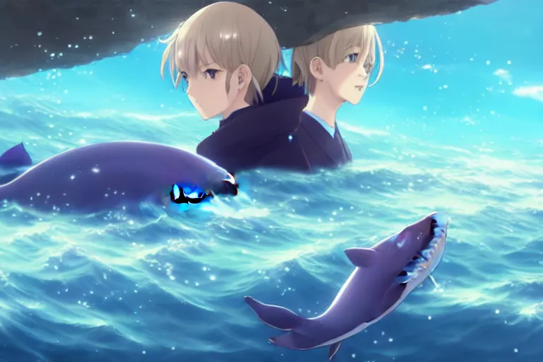 Image similar to a panorama distant view under the water, underwater world, anime art full body portrait character concept art, hyper detailed cg rendering of a cute girl and whale, anime key visual of violet evergarden, finely detailed perfect face, style of raphael lacoste, makoto shinkai, violet evergarden, studio ghibli, james jean, hayao miyazaki, extremely high quality artwork