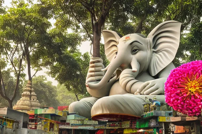 Image similar to beautiful futuristic new delhi, sharp biophilic ganesha!! building, kalighat flowers, highly detailed, stephen shore & john j. park, cinematic morning light, wide shot, ground angle, uhd 8 k, sharp focus