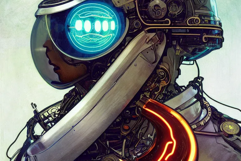 Image similar to portrait of a biomechanical head inside a retro space helmet, vintage transistors, neon, tron, white metal, iridescent visor, smooth, sharp focus, art by Greg Rutkowski and Alphonse Mucha,