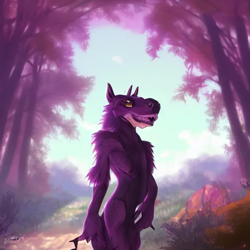 Image similar to concept art painting of a purple anime furry anthro dragon, in the deep forest, realistic, detailed, cel shaded, in the style of makoto shinkai and greg rutkowski and james gurney