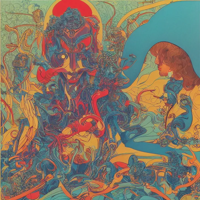 Prompt: lp cover of a 7 0's progressive rock album by james jean and moebius, 4 k