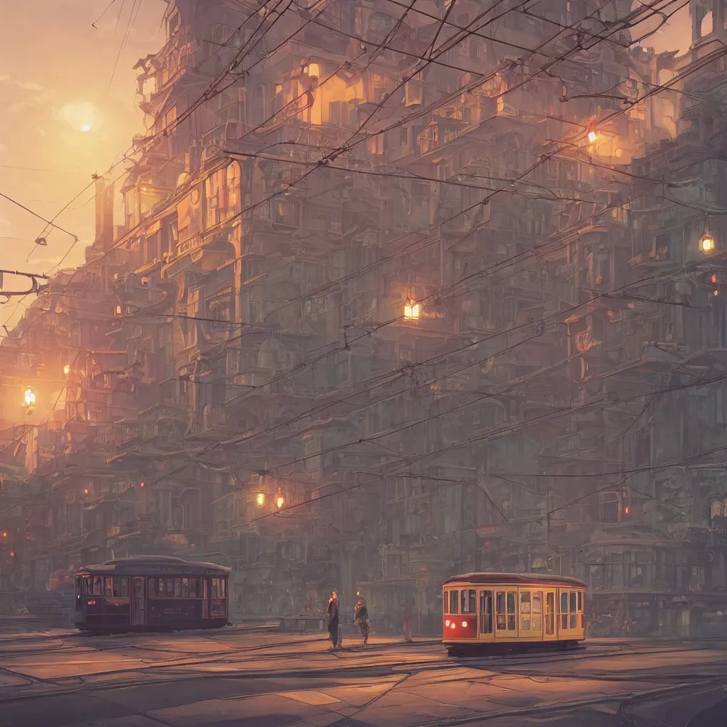 Image similar to a streetcar is running on the maple leaf sea, unreal engine, fantasy art by greg, loish, rhads, ferdinand knab, makoto shinkai and lois van baarle, ilya kuvshinov, rossdraws, tom bagshaw, night lighting, trending onstudio ghibli, highly detailed, octane render, 8 k