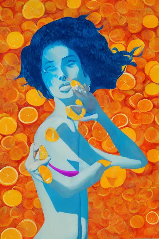 Image similar to a Acrylic painting of a girl ,summer ,water,wave , orange and orange slices,blue theme and Yellow accents,Colour composition by Kenya Hara