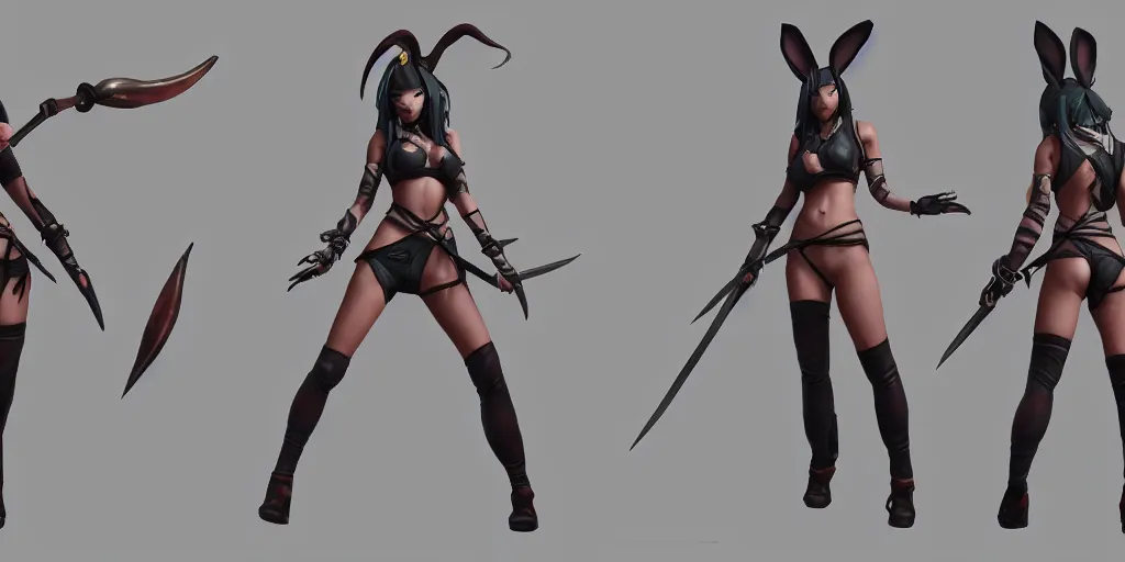 Image similar to character sheet of battle bunny akali (League of Legends). 3d render, octane render, iRay, ray tracing, realistic, highly detailed, trending on artstation, 4k, cgsociety, unreal engine 5, redshift render, blender cycles, behance, cg