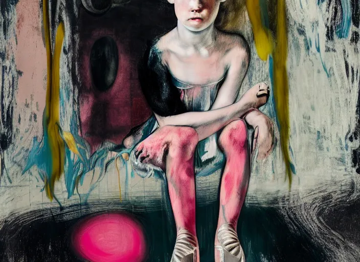 Prompt: portrait of nervous young girl ballerina sitting on the floor focusing in a dance hall by hernan bas and francis bacon and pat steir and hilma af klint, psychological, photorealistic, symmetrical face, dripping paint, washy brush, matte painting, rendered in octane, altermodern, masterpiece