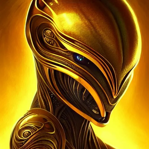 Prompt: hyper advanced alien evolved from tiger, sci fi, glowing eyes, volumetric lights, gold theme, art nouveau botanicals, intricate, highly detailed, digital painting, artstation, concept art, smooth, sharp focus, cinematic, illustration, beautiful face, art by artgerm and greg rutkowski and alphonse mucha