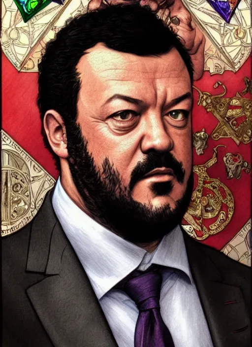 Prompt: matteo salvini, wearing a suit, tarot card, deep focus, d & d, fantasy, intricate, elegant, highly detailed, digital painting, artstation, concept art, matte, sharp focus, italian flag, illustration, hearthstone, art by artgerm and greg rutkowski and alphonse mucha