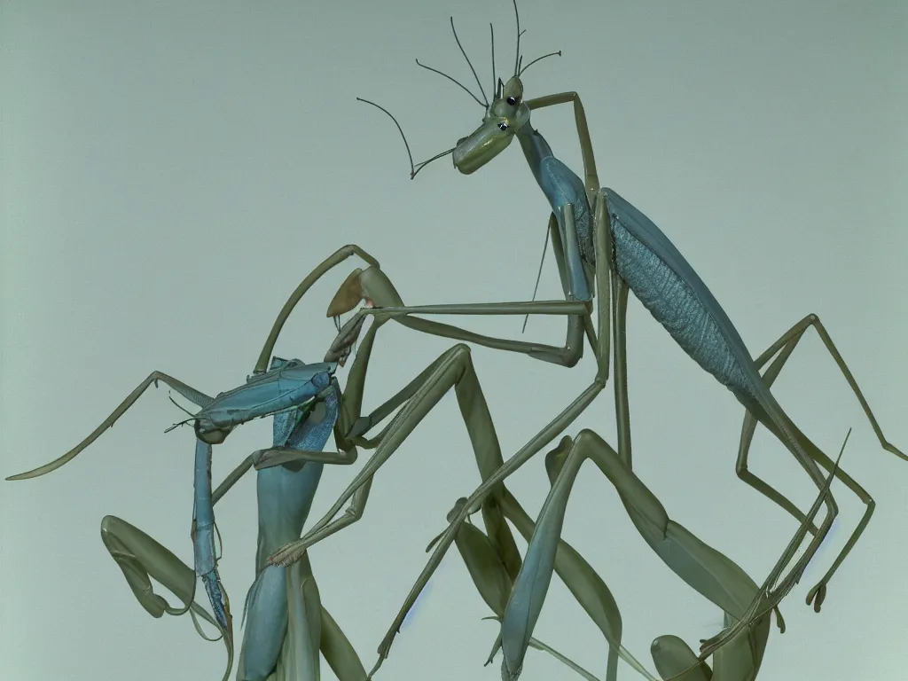 Prompt: a blue praying mantis. orchid mantis standing. petri dish art. subsurface scattering, translucency, backlit, diffused, smooth. studio photography high quality highly detailed award winning photograph by national geographic, by slim aarons. complementary color scheme. ( sculpture by antonio canova )