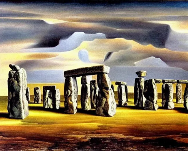 Prompt: surreal objects and actions. painting of Stonehenge by Salvador Dali. several layers of perspective. Manifestations of the subconscious. Cryptic symbolism. Many points of view. mind bending illusions of perception