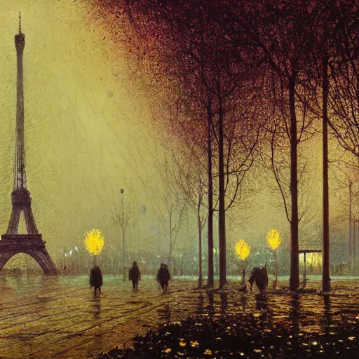 Prompt: Paris Champs Élysées overgrown by miles and flowers by Tyler Edin and François Schuiten and Jean Delville and John Atkinson Grimshaw and Robert Hubert, German romanticism style, oil on canvas, cinematic lighting, vibrant, concept art, gothic, contrasting, nightscape