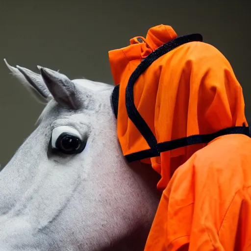 Image similar to inmate wearing horse head with orange clothes