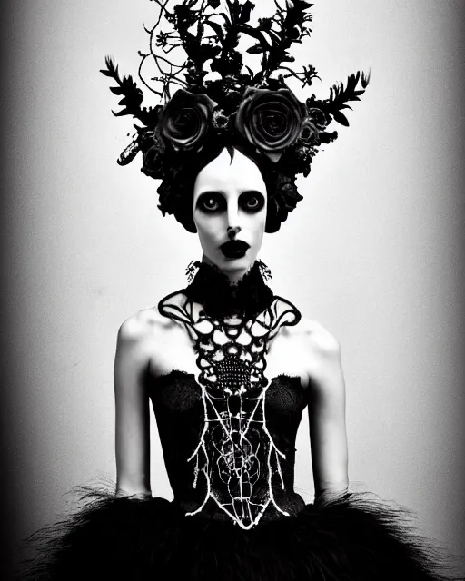 Image similar to dark surreal poetic black and white photo of a beautiful young silver bio-mechanical-female-vegetal-cyborg with a fur metal fine lace face, a very long neck and a fine metal floral foliage super big gothic lace collar and very high big floral crown with many black dry roses by Vivienne Westwood:: smoke, high fashion, haute couture, rococo, avant-garde, silver filigree details, anatomical, facial muscles, cable wires, microchip, elegant, dreamy, foggy atmosphere, hyper realistic, 150 mm lens, soft rim light, octane render, unreal engine, picture was taken in 1910 by Man Ray, volumetric lighting, dramatic light,8k,