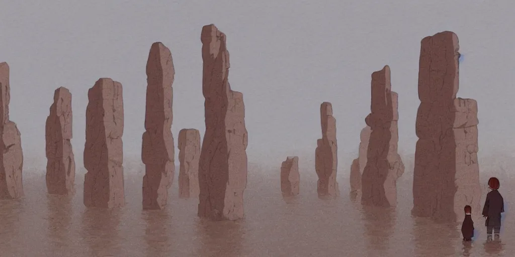 Image similar to a realistic cell - shaded studio ghibli concept art from paprika ( 2 0 0 6 ) of shouxing from close encounters of the third kind ( 1 9 7 7 ) in a flooded monument valley stonehenge. very dull colors, wide shot, hd, 4 k, hq