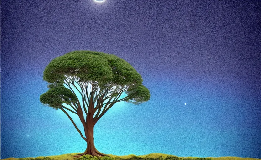 Prompt: one single stand alone huge hyperdetailed minimalist tree, seen from the long distance, at night. by the sea. maximalist unexpected elements. free sky in plain natural warm tones. 8 x 1 6 k hd mixed media 3 d collage in the style of a childrenbook illustration in pastel tones. matte matte background. no frame hd