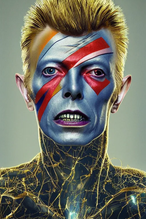 Prompt: portrait of david bowie cyborg, kintsugi, modern fine art, fractal, intricate, elegant, highly detailed, digital photography, subsurface scattering, by jheronimus bosch and basquiat and greg rutkowski,