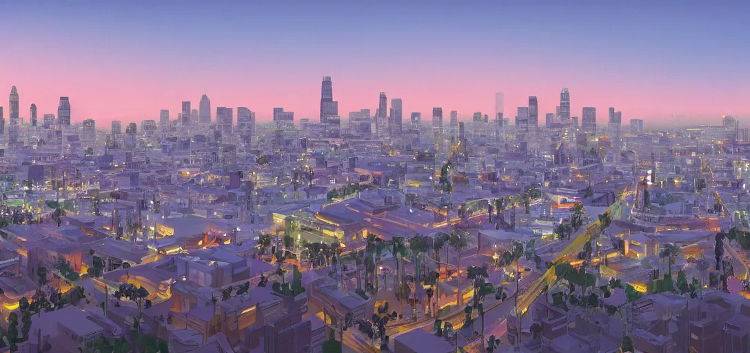 Image similar to visual development of los angeles skyline cityscape at dusk by lou romano, pixar disney dreamworks sony animation