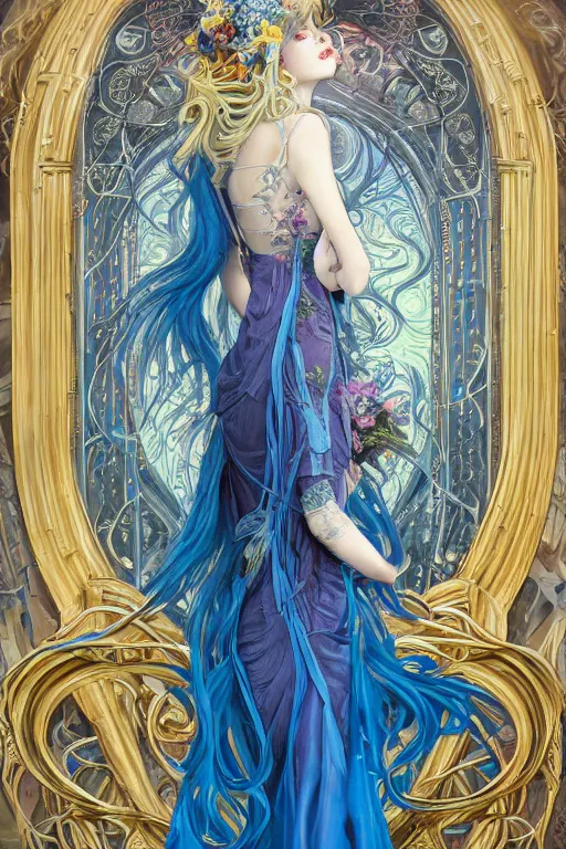 Image similar to breathtaking detailed painting by pilyeon and teffish on artstation, a full shot queen with long flowing bright blue hair, gauze dress and pastel flowers petals and golden tumultuous clouds, symmetrical facial features, at dawn in front of a pristine golden art nouveau cathedral, elegant, highly detailed, artstation, concept art, matte, sharp focus,