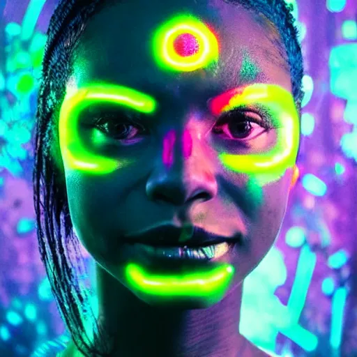 a woman with glowing neon face paint on her face,, Stable Diffusion