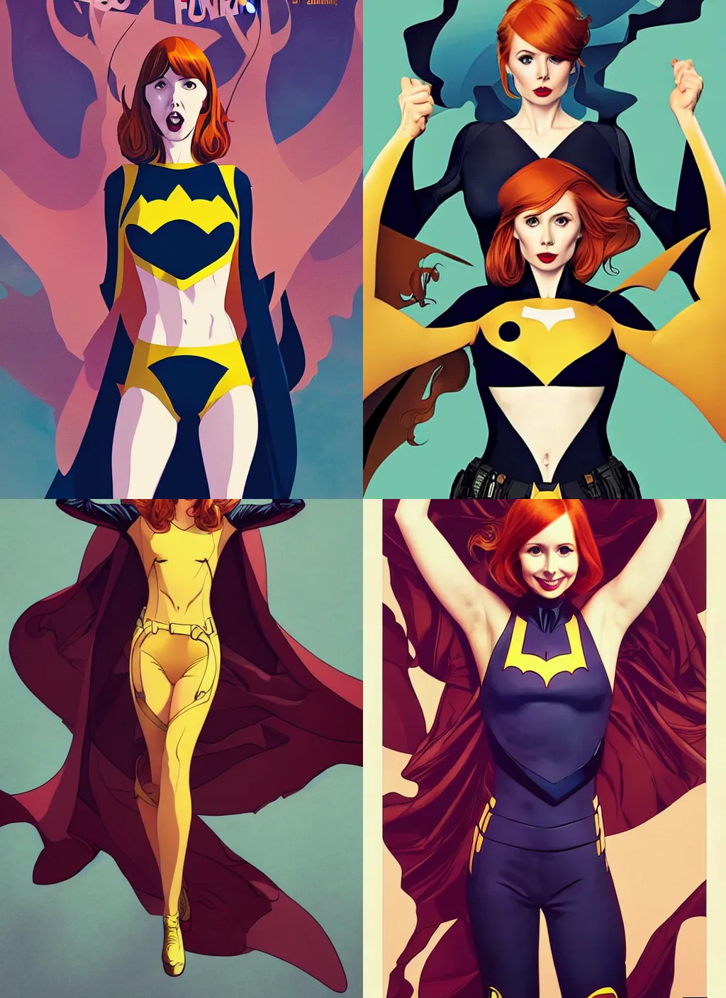 Prompt: in the style of Joshua Middleton comicbook cover art, Karen Gillan Batgirl, fun pose Symmetrical body, smile