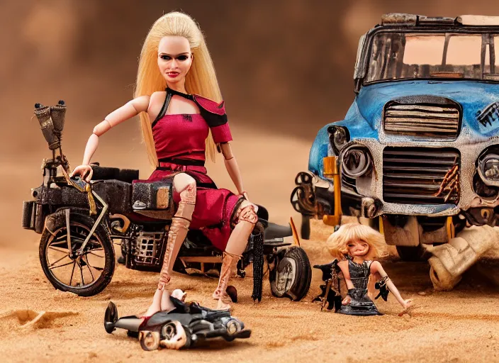 Image similar to mad max fury road barbie play set, children's toy advertisement, studio photography, close - up