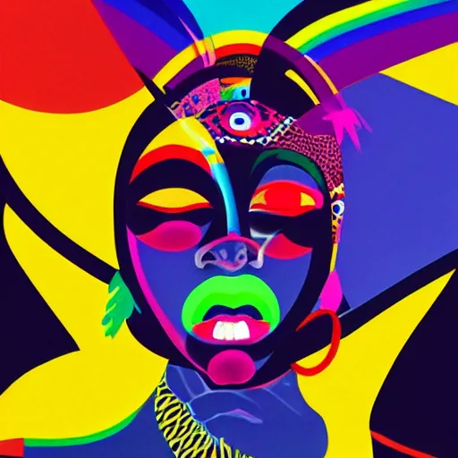 Image similar to closeup portrait of a black woman with yellow eyes and a rainbow background, digital art by tomokazu matsuyama, by ed paschke, behance contest winner, generative art, irridescent, retrowave, grain, androgynous, black background