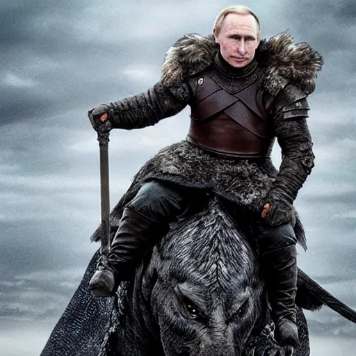 Prompt: Vladimir Putin riding a dragon from Game of Thrones