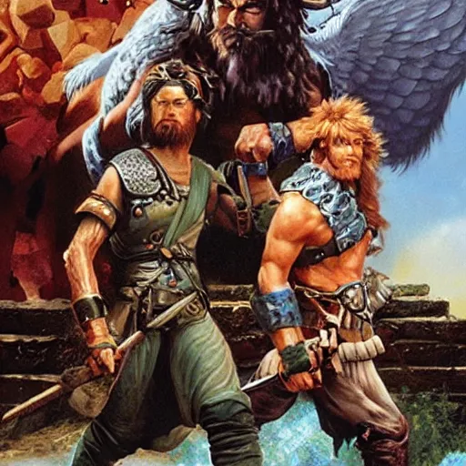 Prompt: two barbarians posing over a defeated monster, detailed poster by Drew Struzan