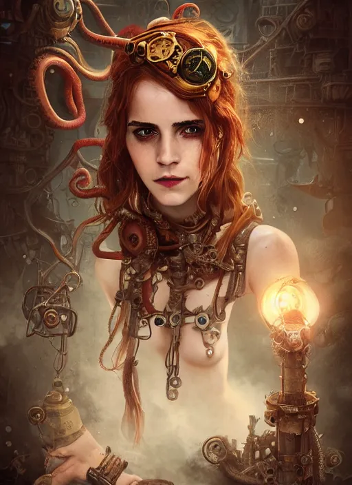 Prompt: underwater steampunk pirate portrait of emma watson, red hair, octopus, giger, hyper detailed, digital art, cinematic lighting, studio quality, smooth render, unreal engine 5, octane rendered, art style by klimt and nixeu and ian sprigger and wlop and krenz cushart.