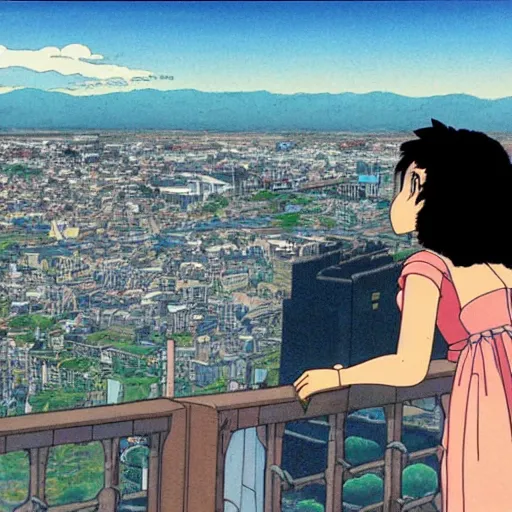 Image similar to a black lady looking out over a city, Miyazaki, studio ghibli