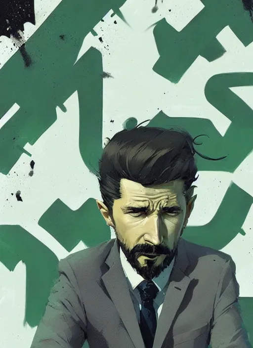 Image similar to highly detailed closeup portrait of very serious staring shia lebouf, in a suit by atey ghailan, by greg rutkowski, by greg tocchini, by james gilleard, by joe fenton, by kaethe butcher, gradient green, black and white color scheme, grunge aesthetic!!! ( ( graffiti tag wall background ) )