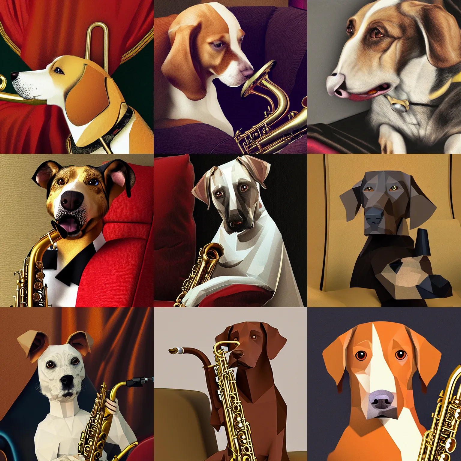 Prompt: dog playing the saxophone, sitting on the couch, medieval portrait, low poly, close up