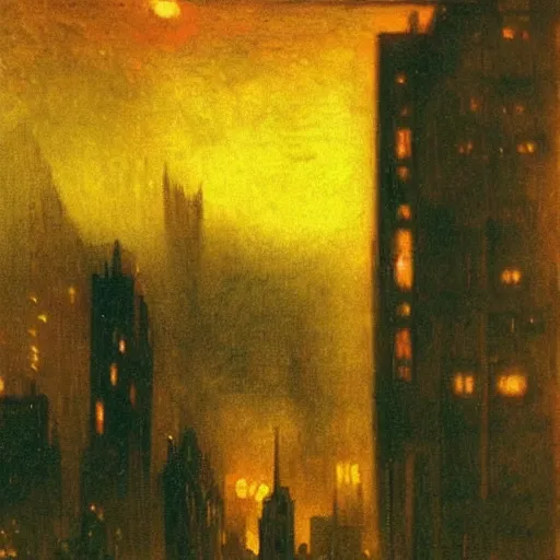 Prompt: cyberpunk city at night with silhouette figure in foreground. Turner painting 1910